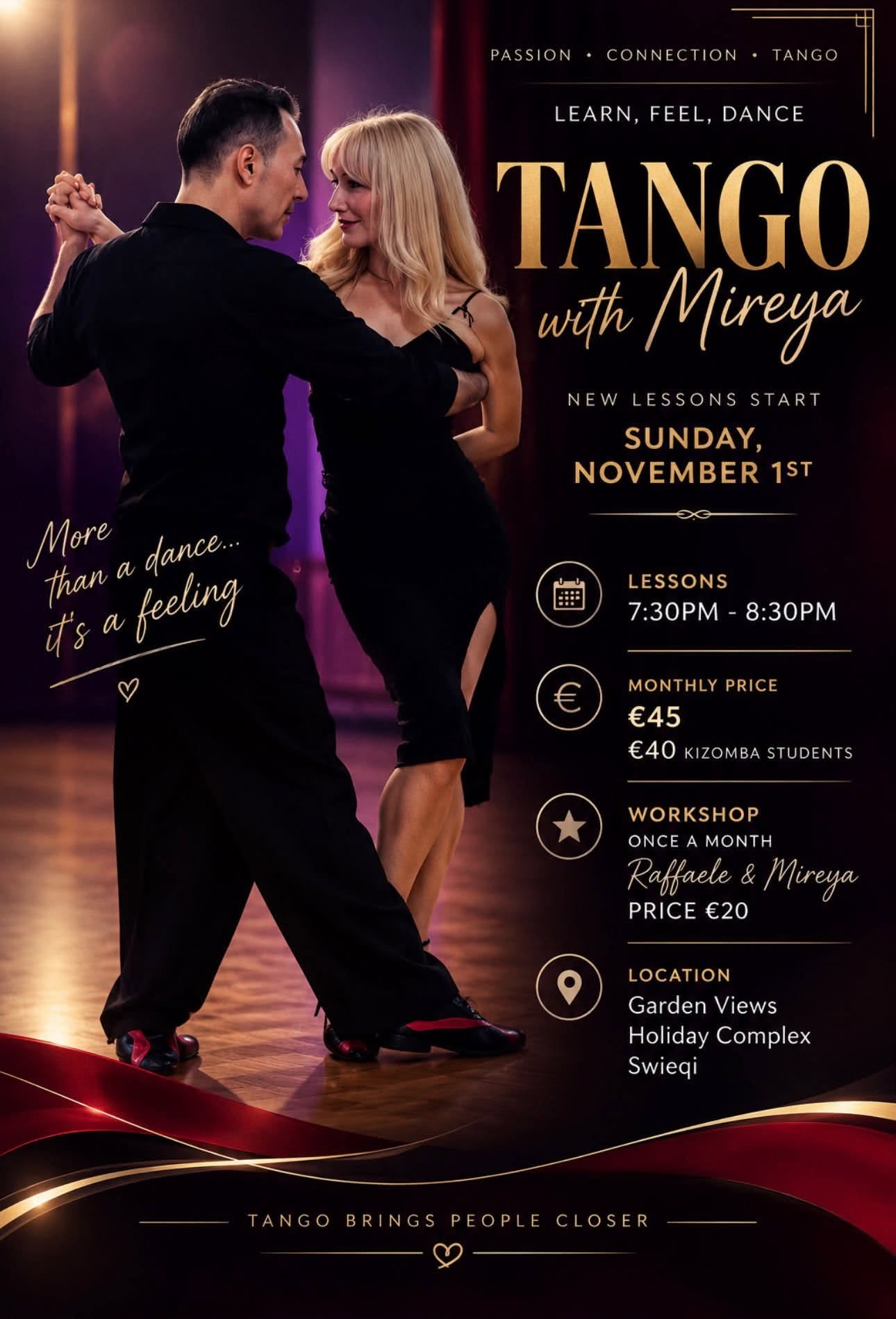 Tango with Mireya — new lessons (Swieqi) poster