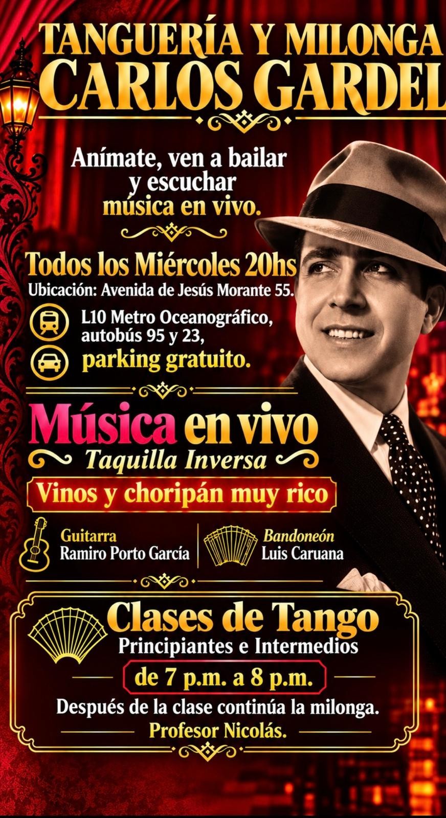 Tanguería y Milonga Carlos Gardel poster